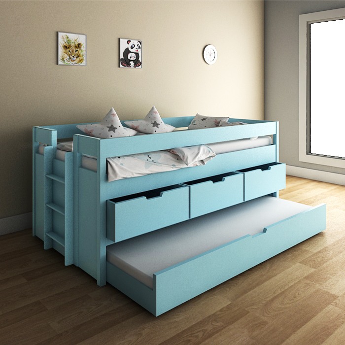 Ocean Blue Loft Bunk Bed With Trundle, Blue Bunk Beds With Drawers