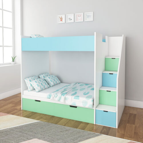 Toffee Blue and Green Bunk Bed with Storage