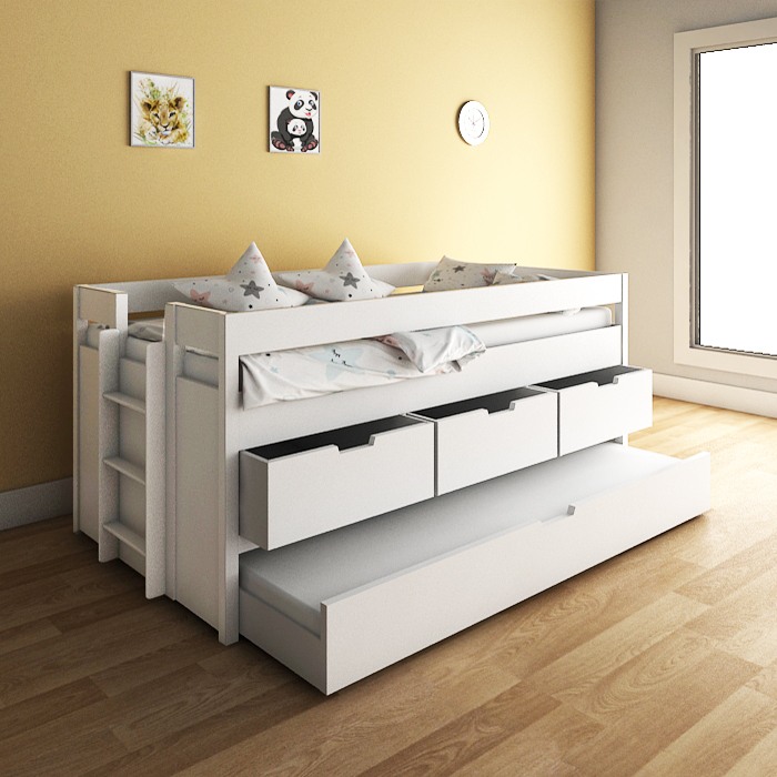 Vanilla White Captain Trundle Bunk Bed With Drawer Storage